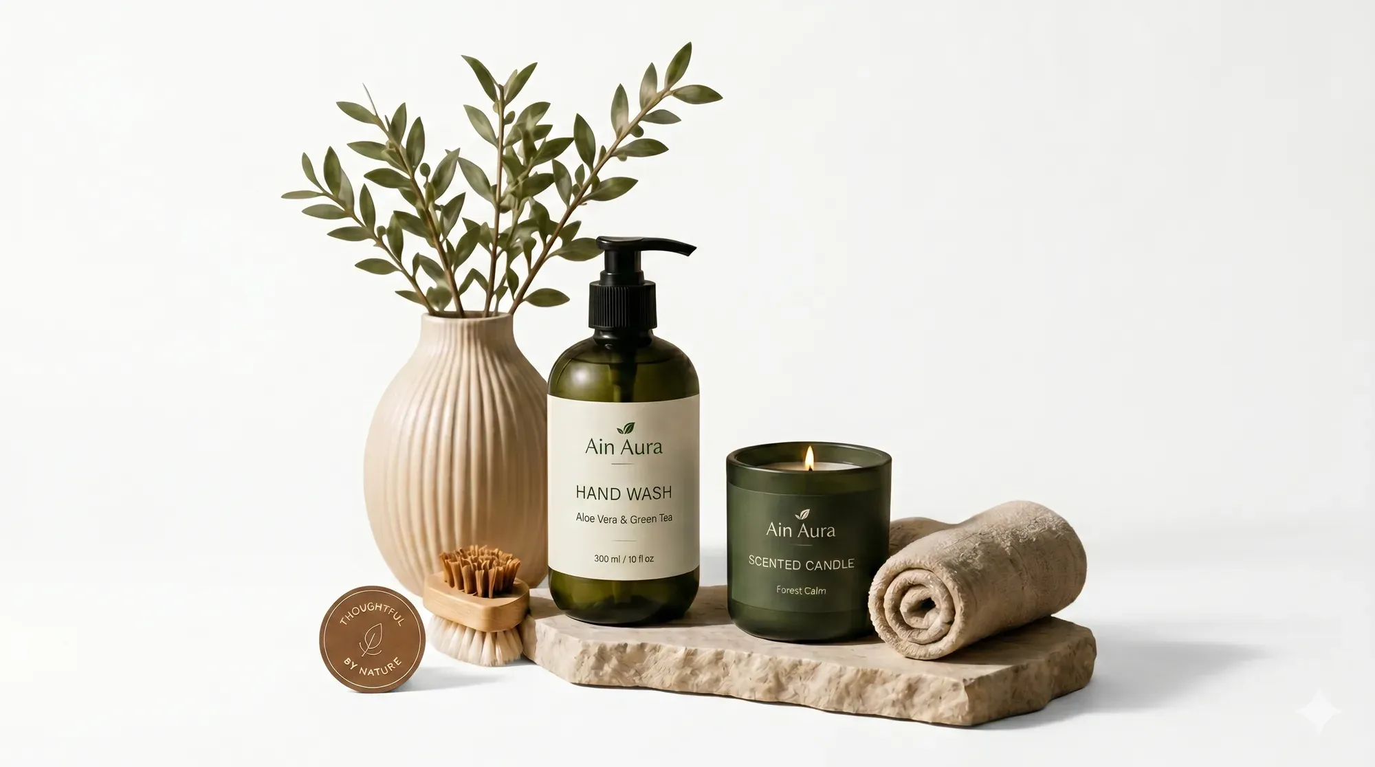 Ain Aura herbal hand wash, scented candle and eucalyptus styled on a stone tray