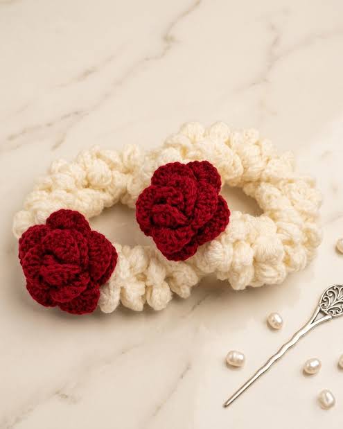 Handmade Artisanal Crochet Gajra (Pair) — Everlasting Red Rose & Jasmine Flora — 100% natural herbal hair & skin care